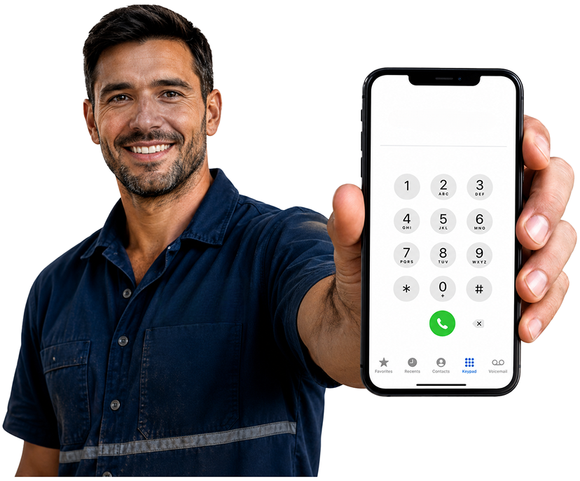 Dawes Point Blocked Drains plumber holding a phone — call 1300 261 965