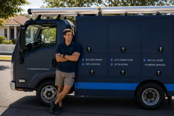 Plumber standing beside a service van in Dawes Point