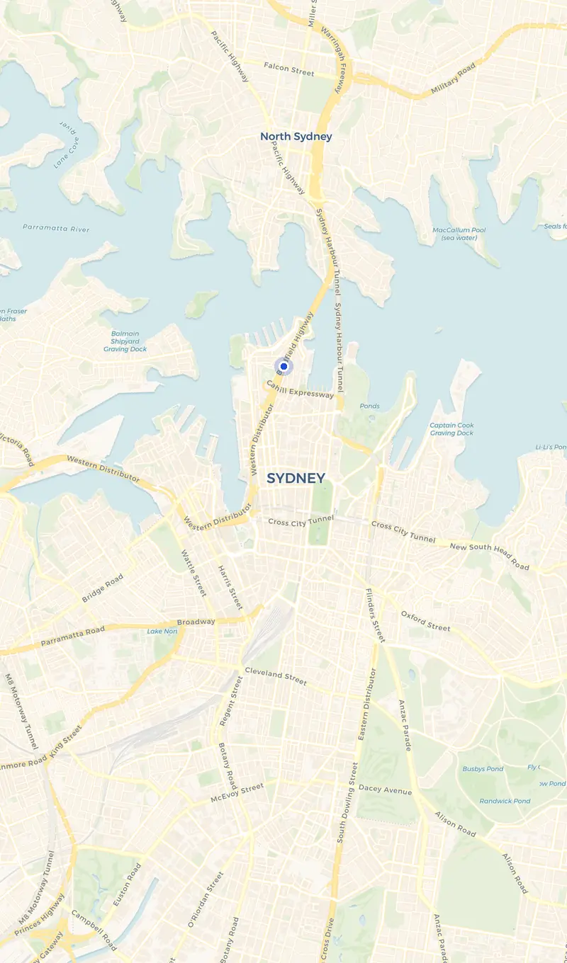 Map of the Dawes Point service area and the surrounding suburbs we cover.