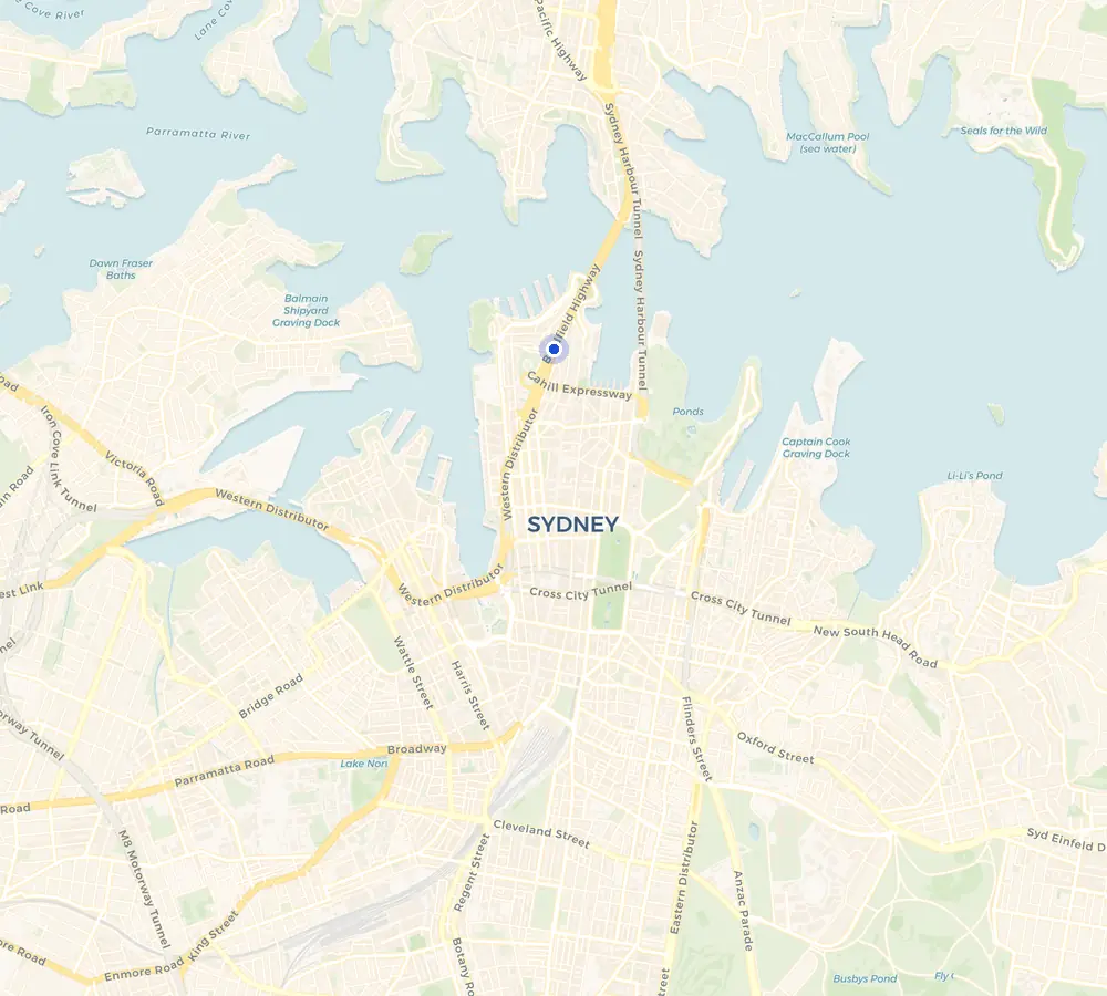 Map of the Dawes Point service area and the surrounding Inner Sydney, showing Dawes Point and the nearby streets we cover.
